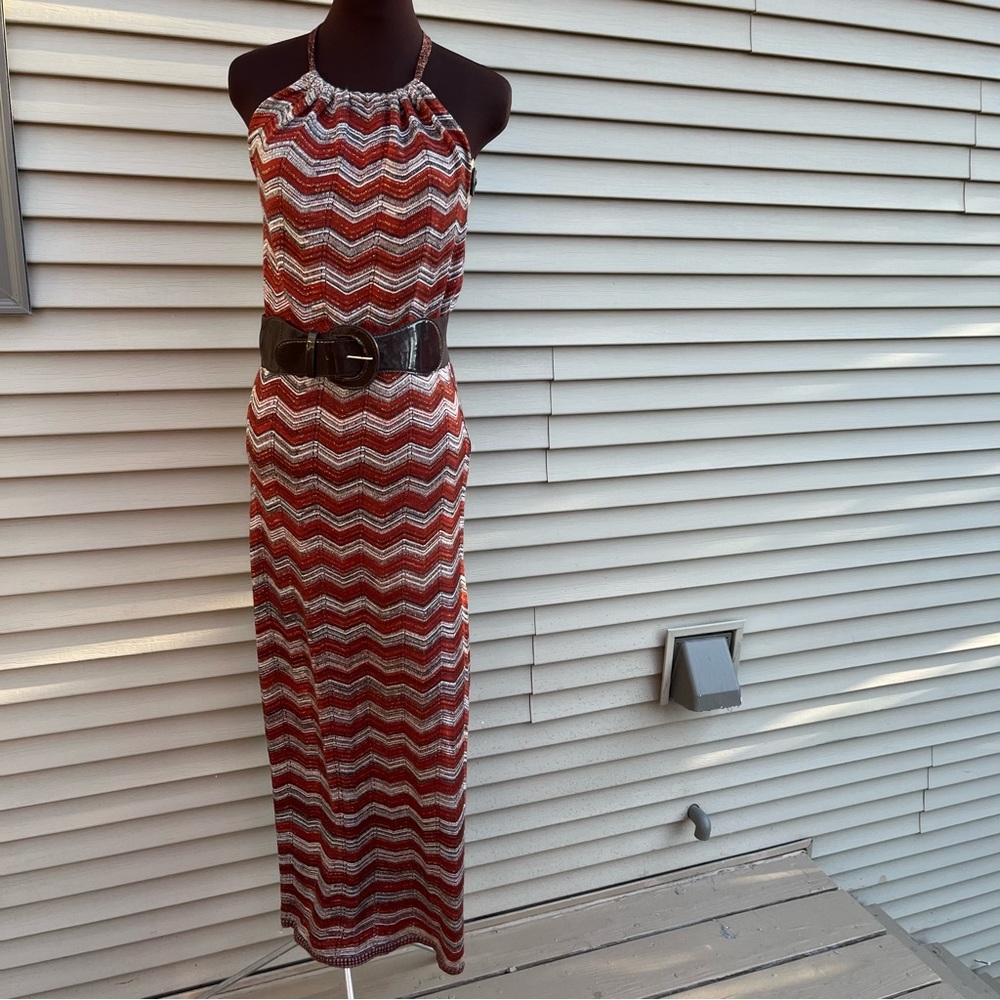 EUC Arden B scarlet burnt orange  zigzag striped halter bodycon maxi dress